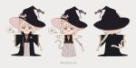  1girl :d animal_ear_fluff animal_ears black_hat black_robe black_vest bow bowtie braid brown_eyes cat_ears cat_girl cat_tail chibi commentary creature_on_head eyebrows_hidden_by_hair fang grey_background grey_skirt hat highres long_hair long_sleeves looking_at_viewer multiple_views on_head open_clothes open_mouth original outstretched_arms pink_eyes pleated_skirt red_bow red_bowtie robe shirt short_eyebrows simple_background skirt smile sola0316 spread_arms standing tail thick_eyebrows twitter_username very_long_hair vest white_shirt wide_sleeves witch_hat 