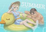  1boy 1girl :d alternate_costume black_hair blue_background blue_bow blue_dress blue_eyes bow braid braided_hair_rings brown_hat burn_scar dog_tags dress duck_innertube english_text full_body grey_hair hair_rings hand_up hat hat_bow head_rest innertube j_(reverse:1999) matilda_bouanich milmil7 muscular muscular_male open_mouth partially_submerged plaid_clothes plaid_dress reverse:1999 sandals scar scar_on_face short_dress short_hair sitting sleeveless sleeveless_dress smile sun_hat swim_ring topless_male white_sandals wrist_cuffs 