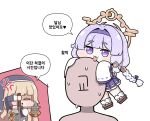  1other 2girls :3 absurdres anger_vein axe beret blonde_hair blunt_bangs blush_stickers braid chibi closed_eyes commentary_request detached_sleeves hairband halo hat highres holding holding_weapon korean_commentary korean_text leader_(trickcal) licking long_hair long_sleeves multiple_girls ner_(trickcal) pleated_skirt purple_eyes purple_hair purple_hairband ribbon shaded_face simple_background skirt sleeves_past_fingers sleeves_past_wrists speech_bubble sweatdrop sword thick_eyebrows tongue tongue_out translation_request trickcal twin_braids weapon white_background yomi_(trickcal) zebread 