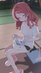  1girl @_@ absurdres bag bag_on_lap bare_legs black_shorts blue_eyes blush bottle breasts closed_mouth collarbone commentary_request crocs dolphin_shorts embarrassed fingernails foot_out_of_frame from_side furrowed_brow gakuen_idolmaster grocery_bag hair_down hair_intakes hanami_saki head_tilt hickey highres holding holding_bottle idolmaster long_hair looking_at_viewer looking_to_the_side nail_polish night nose_blush on_swing outdoors pink_nails pink_shoes plastic_bag red_hair shirt shoes shopping_bag short_shorts short_sleeves shorts sideways_glance sitting small_breasts solo sweat swing t-shirt water_bottle white_shirt yuusuke_(yyy_xp) 