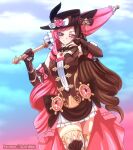  1girl bare_shoulders blue_sky blush bow brown_bow brown_eyes brown_gloves brown_hair brown_hat closed_mouth cloud commentary cosplay cowboy_shot day dress elbow_gloves english_commentary eyelashes flower genshin_impact gloves hat hat_bow hat_feather hat_flower heterochromia highres holding holding_umbrella multicolored_hair navia_(genshin_impact) navia_(genshin_impact)_(cosplay) neopolitan_(rwby) patreon_username pink_eyes pink_flower pink_hair rwby schrwby sky smile solo split-color_hair split_mouth umbrella white_bow white_dress white_flower 