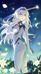  1girl absurdres aki_maple black_hairband bodysuit breasts chinese_commentary commentary_request field firefly_(ar-26710)_(honkai:_star_rail) firefly_(honkai:_star_rail) flower flower_field grey_hair hairband highres honkai:_star_rail honkai_(series) long_hair medium_breasts multicolored_eyes official_alternate_costume shooting_star sky solo star_(sky) starry_sky two-tone_eyes very_long_hair white_bodysuit white_flower 