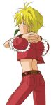  1boy back bad_id blonde_hair commentary_request cowboy_shot cropped_shirt hands_on_own_neck interlocked_fingers kawamoto_yuutarou leaf_in_mouth male_focus pants ragnarok_online red_pants red_shirt rogue_(ragnarok_online) shirt short_hair simple_background solo white_background 