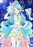  2girls aqua_hair aqua_thighhighs blue_bow blue_bowtie blue_hair blue_hat blue_ribbon blue_skirt blue_tube_top boater_hat bow bow_earrings bowtie breasts bridal_gauntlets brooch butterfly_hat_ornament commentary_request cure_eclair diamond_earrings earrings gradient_hair hand_up hat hat_ornament hat_ribbon heart heart_brooch highres howa_kurea jewelry long_hair looking_at_viewer magical_girl meitantei_precure! midriff multicolored_hair multiple_girls navel open_mouth overskirt precure purple_bridal_gauntlets red_eyes ribbon rinco shushu-tan single_thighhigh skirt small_breasts smile strapless thighhighs tube_top two-tone_hair v very_long_hair 