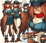  ! 2girls :s ? absurdres arm_up artist_name averting_eyes backpack bag belt bird_girl bird_wings black_belt blue_ankle_cuffs blue_bag blue_hat blue_shirt blue_shorts blue_skirt blue_wrist_cuffs blush breasts brown_eyes brown_hair bruise buttons cleavage closed_eyes closed_mouth commentary crash delivery double-breasted double-parted_bangs english_commentary english_text envelope feathered_arms flying frown hair_between_eyes half-closed_eye half-harpy hat heart heart_in_eye highres injury justadrian_(yoadriandk) large_breasts leg_up long_hair looking_at_viewer mailman medium_breasts monster_girl multiple_girls multiple_views nervous nose_blush open_door open_mouth original pain pleated_skirt red_scarf reference_sheet scarf shirt short_hair short_sleeves shorts siblings simple_background sisters skirt smile speech_bubble spoken_object sweatdrop symbol_in_eye talons white_background window wings wrist_cuffs 