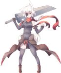  1girl animal_ears asymmetrical_legwear black_gloves black_sleeves black_thighhighs breasts closed_mouth commentary_request eyepatch full_body gloves highres holding holding_sword holding_weapon huge_weapon inubashiri_momiji kuro-ekaki looking_at_viewer medium_breasts mismatched_legwear mismatched_thighhighs ninja red_scarf scarf short_hair simple_background single_glove solo sword thighhighs touhou weapon white_background white_hair wolf_ears wolf_girl yellow_eyes 
