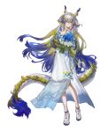  1girl alternate_costume aqua_eyes are_aoto arknights bare_shoulders blonde_hair blue_flower blue_hair blue_nails bouquet closed_mouth colored_extremities commentary dragon_girl dragon_horns dragon_tail dress earrings flower full_body grey_hair hair_between_eyes highres holding holding_bouquet horns jewelry long_hair looking_at_viewer multicolored_hair pointy_ears sandals short_hair shu_(arknights) simple_background sleeveless sleeveless_dress solo standing tail toes untranslatable_commentary very_long_hair white_background white_dress white_flower yellow_hands 
