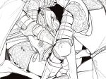  1girl 2boys armor armored_boots black_background blush boots braid breastplate brush_(brush2h) cape commentary elden_ring english_commentary fingering full_armor gauntlets greyscale helm helmet highres long_hair monochrome multiple_boys needle_knight_leda rape restrained simple_background 