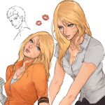  1boy 1girl absurdres bandaged_arm bandages bleerghw blonde_hair blue_eyes boruto:_naruto_next_generations boruto_(series) breasts character_and_genderswap cleavage commentary dual_persona english_commentary facial_mark genderswap genderswap_(mtf) grey_shirt head_tilt highres jacket jewelry lips lipstick_mark medium_breasts naruko_(naruto) naruto_(series) necklace open_mouth orange_jacket shirt signature smile uzumaki_naruto whisker_markings 