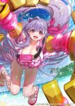  1girl bag beach bikini bow bow_bikini breasts claw_(weapon) clothing_cutout collared_jacket commentary_request company_name copyright_notice crossbody_bag day double_bun fate/grand_order fate_(series) full_body hair_between_eyes hair_bow hair_bun happy jacket jumping kawai_makoto long_hair looking_at_viewer lower_teeth_only multicolored_jacket ocean official_art open_clothes open_jacket open_mouth outdoors palm_tree passionlip_(fate) passionlip_(swimsuit_saber)_(first_ascension)_(fate) pink_bag pink_bikini pink_bow pink_eyes pink_jacket plaid_bikini plaid_clothes purple_hair sand sandals shoulder_cutout side-tie_bikini_bottom smile solo swimsuit teeth tree two-tone_jacket water water_drop weapon white_jacket zipper_pull_tab 