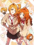  absurdres bleach blush bow bread brown_eyes brown_skirt chibi collared_shirt commentary_request cross_tie crossover flower food highres inoue_orihime korean_commentary long_hair nail_polish nami_(one_piece) one_piece orange_hair red_bow red_cross_tie sanam_1piece school_uniform shirt shounen_jump skirt skull smile tongue tongue_out v white_shirt 