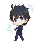  1boy ahoge black_hair blue_eyes blue_jacket blue_pants bright_pupils brown_shoes chibi chibi_only collared_shirt commentary_request fighting_stance folding_knife from_behind gakuran glowing_pupils hair_between_eyes hirakawa holding holding_knife jacket knife looking_at_viewer looking_back male_focus messy_hair mystic_eyes_of_death_perception nanatsu-yoru pants reverse_grip school_uniform shirt shoes short_hair solo souya_high_school_uniform tohno_shiki tsukihime tsukihime_(remake) turning_head white_pupils white_shirt 