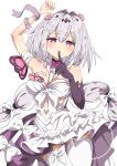  1girl :o absurdres amami_akari arm_up bandages bare_shoulders blush bow breasts castorice_(honkai:_star_rail) commentary_request dress elbow_gloves finger_to_mouth flower gloves hair_between_eyes hair_bow hair_flower hair_ornament highres honkai:_star_rail honkai_(series) long_hair looking_at_viewer purple_eyes purple_gloves ribbon simple_background single_elbow_glove solo thighhighs white_background white_dress white_hair white_thighhighs 
