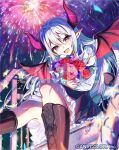  1girl :d black_boots black_skirt boots bouquet commentary company_name copyright_notice decorations demon_girl demon_horns demon_tail demon_wings emma_august emma_august_(adult) fireworks flower grey_hair hair_between_eyes holding holding_bouquet horns knee_boots lace-up_boots long_hair long_pointy_ears long_sleeves looking_at_viewer night nijisanji official_art outdoors pink_flower pointy_ears purple_flower red_flower red_horns red_wings sakinoji sample_watermark shirt sitting sitting_on_stairs skirt smile stairs stanley_(emma_august) tail virtual_youtuber watermark white_shirt wings yellow_eyes 