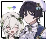  1boy 1girl 310_saltsato asymmetrical_sidelocks beret black_hair blue_cape blunt_ends blush border bow bowtie brooch cape choppy_bangs closed_mouth commentary_request eyelashes eyeliner facing_viewer genshin_impact gold_trim green_hair green_sailor_collar hair_between_eyes hair_bow hair_intakes hair_ornament hand_up hat height_difference index_finger_raised jewelry leaf leaf_hair_ornament long_hair looking_at_viewer makeup multicolored_hair nahida_(genshin_cafe_in_seoul)_(genshin_impact) nahida_(genshin_impact) oekaki official_alternate_costume open_mouth pointy_ears purple_eyes purple_trim red_eyeliner sailor_collar scaramouche_(genshin_impact) shirt side_cape side_ponytail sidelocks sprout streaked_hair triangle_mouth tsurime twitter_username umbrella_print wanderer_(genshin_impact) wanderer_(resplendent_feast)_(genshin_impact) white_background white_border white_bow white_bowtie white_hair white_hat white_shirt 