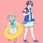  1boy 1girl alternate_hairstyle ankle_scrunchie aqua_one-piece_swimsuit aqua_sailor_collar armpit_crease arms_at_sides asymmetrical_sidelocks blue-framed_eyewear blue_jacket blue_sailor_collar blue_sandals blunt_ends bright_pupils caramelo_game clenched_hands collarbone commentary_request cross-shaped_pupils cup double_bun dress dress_swimsuit eyeliner eyewear_on_head feathers flower footwear_flower full_body genshin_impact gladiator_sandals green-framed_eyewear green_eyes green_flower green_pupils hair_between_eyes hair_bun hair_intakes hand_up height_difference highleg highleg_one-piece_swimsuit highres holding holding_cup jacket looking_at_viewer makeup nahida_(genshin_impact) navel one-piece_swimsuit open_clothes open_hand open_jacket open_mouth orange-tinted_eyewear pink_background pointy_ears pom_pom_(clothes) pouch purple_eyes purple_hair red_eyeliner sailor_collar sandals scaramouche_(genshin_impact) scrunchie see-through_clothes see-through_one-piece_swimsuit short_hair shorts sidelocks sleeveless sleeveless_jacket standing swimsuit symbol-shaped_pupils teeth thigh_pouch tinted_eyewear toes upper_teeth_only wanderer_(genshin_impact) white_dress white_hair white_one-piece_swimsuit white_pupils white_sandals white_shorts white_swim_trunks white_trim wispy_bangs wrist_scrunchie yellow_feathers 