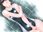 amagami bad_id bad_pixiv_id between_legs black_eyes black_hair blush breasts competition_swimsuit crossed_arms large_breasts looking_at_viewer lying mike156 on_back one-piece_swimsuit one_eye_closed ponytail short_hair solo swimsuit tsukahara_hibiki 
