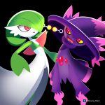  2girls absurdres artist_name black_background bob_cut colored_skin dress earrings gardevoir ghost glowing_shark green_hair green_skin hat highres jewelry mismagius multicolored_skin multiple_girls pink_eyes pokemon pokemon_(creature) potara_earrings simple_background two-tone_skin white_dress white_skin witch_hat 