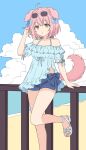  1girl :o ahoge animal_ears arknights bare_shoulders beach blue_bow blue_shirt blue_shorts bow chinese_commentary cloud commentary_request day english_commentary eyewear_on_head flat_color flower foot_out_of_frame frills goldenglow_(arknights) hair_bow hand_in_own_hair hand_up highres leg_up looking_at_viewer mixed-language_commentary outdoors parted_lips partial_commentary pink_hair pink_tail railing sandals shirt short_hair short_shorts short_sleeves shorts solo tail white_flower white_sandals yellow_eyes yizhi_kei 