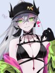  1girl absurdres bare_shoulders baseball_cap bikini black_bikini black_hands black_hat body_markings breasts choker cleavage colored_extremities commentary_request crossed_bangs demon_girl demon_horns fate/grand_order fate_(series) green_eyes green_jacket grey_hair grin hair_between_eyes hat high_ponytail highres horns jacket koma315ht lilith_(fate) lilith_(swimsuit_rider)_(fate) lilith_(swimsuit_rider)_(first_ascension)_(fate) long_hair long_sleeves looking_at_viewer medium_breasts multicolored_jacket off_shoulder pink_jacket ponytail smile solo swimsuit two-tone_jacket zipper_bikini 