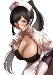  1girl absurdres alternate_breast_size_(larger) black_bra black_hair blush bra breasts cleavage commission dress finger_to_mouth gloves hat highres large_breasts long_hair looking_at_viewer marian_(p5x) megami_tensei miyashita_minami nurse nurse_cap persona persona_5 persona_5:_the_phantom_x ponytail purple_eyes shushing solo underwear white_background white_dress white_gloves xiiicaelum 