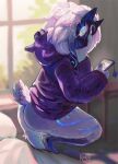 1girl alternate_costume animal_ears artist_name ass body_fur body_markings commentary english_commentary fake_animal_ears from_side furry furry_female glowing_markings hand_up highres holding holding_phone hood hoodie hooves horns indoors kindred_(league) kuglu_(kugluu) lamb_(league) league_of_legends long_hair long_sleeves mask phone purple_hoodie sheep_girl sheep_tail solo tail white_fur window wolf_hood 
