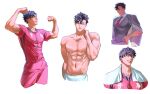  1boy 5454_pnl black_hair commentary_request cropped_legs flexing grey_jacket grey_vest haikyuu!! hair_down highres jacket jacket_on_shoulders korean_commentary kuroo_tetsurou male_focus multiple_views muscular muscular_male navel nekoma_volleyball_uniform red_shirt red_shorts shirt short_hair shorts simple_background sweat topless_male towel towel_around_neck towel_around_waist vest waistcoat white_background 