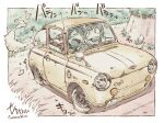  0_0 2girls black_hair car closed_eyes commentary_request day dirt_road driving dust_cloud grass kogure_yuzuha looking_at_another momose_riko motor_vehicle multiple_girls open_mouth outdoors radio_antenna road sekihan short_hair signature sound_effects subaru_(brand) subaru_r-2 vehicle_focus vehicle_name white_car zesshaka!_shiritsu_yotsuwa_joshi_gakuin_zetsumetsu_kigu-sha_gakka 