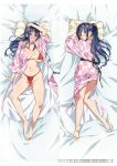  2girls amaya_haruko arm_up barefoot bikini black_hair blue_eyes blush breasts cum cum_on_body cum_on_breasts cum_on_legs cum_on_stomach dakimakura_(medium) drooling highres japanese_clothes kimono large_breasts maken-ki! micro_bikini multiple_girls open_mouth ponytail steam sweat swimsuit takeda_hiromitsu thick_thighs thighs yukata 