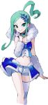  1girl absurdres aqua_eyes aqua_hair arm_warmers blue_choker blue_feathers blue_tank_top choker crop_top cropped_legs earrings feathers finger_to_cheek fluffy grin hair_ornament highres idol jewelry lisia_(pokemon) long_hair looking_at_viewer mega_stone midriff navel open_mouth overskirt pokemon pokemon_omega_ruby_and_alpha_sapphire ponytail ririri_(lilili_tea) short_shorts shorts shorts_under_skirt sidelocks simple_background single_thighhigh sleeveless smile solo striped_clothes striped_thighhighs swept_bangs tank_top thighhighs twitter_username white_background white_feathers 