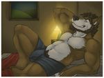  amwuld amwulf anthro beard bed biceps boxers brown_fur bulge canine chubby clothed clothing dog facial_hair flexing fur grin half-dressed looking_at_viewer lying male mammal musclegut muscles on_back pecs pose seductive solo topless trunks trunks_(clothing) underwear 
