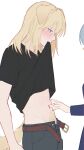  2girls abs amakuma animal_ears bang_dream! bang_dream!_it's_mygo!!!!! belt blonde_hair blue_hair clothes_lift dog_ears dog_girl dog_tail excessive_pubic_hair hand_on_another's_stomach highres kemonomimi_mode lifting_own_clothes long_hair long_sleeves looking_at_another medium_hair midriff misumi_uika mouth_hold multiple_girls navel open_belt open_fly panties pants pubic_hair purple_eyes purple_panties shirt_lift short_sleeves simple_background solo_focus tail togawa_sakiko underwear white_background yuri 