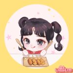  1girl :p bad_id bad_twitter_id blush chibi chopsticks circle commentary_request corn_dog gfriend holding holding_chopsticks holding_spoon korean_commentary looking_at_viewer rin_yes2 solo spoon tongue tongue_out twintails yerin_(gfriend) 