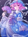  1girl absurdres blue_hat blue_kimono bug butterfly cherry_blossoms closed_mouth commentary english_commentary folding_fan frilled_kimono frills hand_fan hat highres hitodama holding holding_fan japanese_clothes kimono long_sleeves looking_at_viewer mob_cap neck_ribbon pink_eyes pink_hair purple_ribbon ribbon saigyouji_yuyuko sleeve_garter smile solo touhou triangular_headpiece twitter_username uta_kome2248 wide_sleeves 
