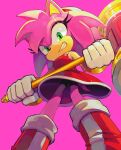  1girl amy_rose animal_ears black_shorts bracelet brushteethjaxx commentary dress fang furry furry_female gloves gold_bracelet green_eyes hammer hedgehog hedgehog_girl highres holding holding_hammer jewelry looking_at_viewer pink_background pink_fur red_dress shorts shorts_under_skirt simple_background smile sonic_(series) spines toy_hammer white_gloves 