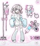  1girl absurdres bandaid bandaid_on_leg blue_sleeves blush bow collar commission dog_girl game_console grey_shoes hair_ornament hand_cursor highres imoutomagical intravenous_drip low_twintails needle nintendo non-humanoid_robot original paw_print pink_bow robot robot_animal robot_dog sega shirt shoes short_twintails sleeves_past_fingers sleeves_past_wrists tamagotchi tamagotchi_(virtual_pet) tamagotchi_plus twintails virtual_pet_(toy) wappy_dog white_shirt wii wing_hair_ornament zipper 