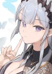  1girl between_breasts black_horns black_shirt blue_butterfly blunt_bangs blush breasts bug butterfly cleavage cleavage_cutout closed_mouth clothes_between_breasts clothing_cutout collared_shirt commentary_request demon_girl fingernails grey_necktie highres horns index_finger_raised large_breasts long_hair looking_at_viewer nanashi_inc. necktie necktie_between_breasts ogura_tubuan pointy_ears purple_eyes shirt sidelocks smile solo sougetsu_eli spiked_horns virtual_youtuber white_background 