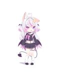  1girl :3 :d ahoge animal_ear_fluff animal_ears annytf belt_collar black_collar black_serafuku black_shirt black_skirt bow bowtie chibi collar commentary demon_tail demon_wings fox_ears full_body garter_straps gradient_hair grey_hair hair_ornament heart heart_ahoge heart_o-ring heterochromia highres indie_virtual_youtuber legs_apart light_blush long_hair long_sleeves looking_at_another low_wings midriff miniskirt multicolored_hair nail_polish navel o-ring open_mouth pink_bow pink_bowtie pink_eyes pink_hair pink_nails pink_streaks pleated_skirt puffy_long_sleeves puffy_sleeves purple_eyes sandasutomu school_uniform serafuku shirt simple_background skirt smile solo standing star_(symbol) star_hair_ornament streaked_hair suspender_skirt suspenders tail two_side_up untranslatable_commentary very_long_hair virtual_youtuber white_background wing_hair_ornament wings x_hair_ornament 