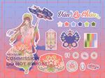  1girl ao_nhat_binh bracelet closed_mouth commission earrings floral_background glasses green_pants hair_ornament highres holding holding_umbrella jewelry khan_van moizuki original pants patterned_clothing shoes umbrella vietnamese_clothes wide_sleeves yellow_eyes 