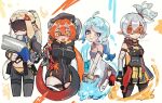  4girls blonde_hair blue_eyes blue_hair braid commentary_request cropped_legs eye_mask goggles green_eyes grey_hair highres inkling_girl inkling_player_character low_twintails magus_(zenless_zone_zero) mask mechanical_tail multiple_girls orphie_magnusson ponytail red_eyes red_hair seed_(zenless_zone_zero) side_ponytail soldier_11_(zenless_zone_zero) splatoon_(series) tail tentacle_hair trigger_(zenless_zone_zero) twintails yasiro_hayate zenless_zone_zero 