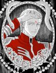  1boy blonde_hair blood blood_on_face char's_counterattack char_aznable commentary_request flower gundam hand_on_own_forehead hatchy80124 highres jacket long_sleeves looking_at_viewer male_focus military_uniform red_jacket rose scar scar_on_face short_hair snake solo zeon 