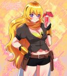  1girl ahoge bandana bandana_around_neck bandeau belt belt_pouch black_gloves black_shorts blonde_hair blush breasts brown_belt brown_jacket cleavage closed_mouth cocktail_umbrella commentary cowboy_shot cup deviantart_username drink english_commentary eyelashes fingerless_gloves food fruit glass gloves holding holding_cup holding_drink instagram_username jacket long_hair orange_bandana pouch puffy_short_sleeves puffy_sleeves purple_eyes rwby schrwby shiny_skin short_shorts short_sleeves shorts smile solo split_mouth strawberry twitter_username very_long_hair yang_xiao_long yellow_bandeau 