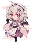  1girl ahoge alternate_costume apron black_boots black_bow black_gloves blush boots border bow braid breasts commentary_request cup curved_horns dango deformed eating egasumi floral_background floral_print floral_print_kimono food food_in_mouth frilled_apron frilled_straps frills full_body gloves green_tea grey_hair grey_horns hair_between_eyes hair_bow hair_ornament hakama hakama_skirt hanasaki_ayame hanasaki_ayame_(artist) hands_up heart heart_in_eye high_heel_boots high_heels highres holding holding_tray horns indie_virtual_youtuber japanese_clothes kimono lace-up_boots leg_up long_hair maid maid_headdress outline pink_eyes pink_kimono print_kimono print_skirt purple_bow purple_skirt sanshoku_dango seigaiha self-portrait skirt small_breasts solo standing standing_on_one_leg symbol_in_eye tea tray twin_braids underbust virtual_youtuber wa_maid wagashi white_apron white_background white_outline wide_sleeves yunomi 