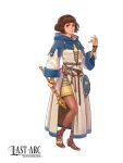  1girl belt blue_robe blunt_bangs bob_cut brown_eyes brown_hair buckler cleric commentary dress english_commentary english_text ff69_(ff69x) highres holding holding_mace holding_weapon hooded_robe jewelry last_arc:_tactics_analogue looking_at_viewer mace official_art potion priestess ring robe rosary sandals shield simple_background smile solo two-tone_robe weapon white_background white_robe yellow_dress 