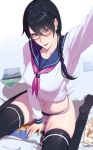  1girl absurdres arm_up black_hair black_panties black_thighhighs bleach blue_sailor_collar book braid braided_ponytail breasts cropped_shirt glasses green_eyes hair_over_shoulder highres large_breasts long_hair long_sleeves looking_at_viewer magazine_(object) navel neckerchief on_bed panties pink_neckerchief rasipan red-framed_eyewear sailor_collar school_uniform selfie serafuku shirt sitting skindentation smile solo string_panties thighhighs underwear wariza white_shirt yadoumaru_lisa 