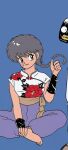  1girl adresponsible5888 bandaid bandaid_on_cheek bandaid_on_face barefoot blue_background blue_eyes braid chinese_clothes closed_mouth commentary derivative_work english_commentary floral_print grey_hair highres official_art pants purple_pants ranma_1/2 saotome_ranma saotome_ranma_(female) single_braid sitting smile solo takahashi_rumiko_(style) thumbs_up 