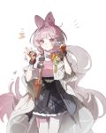  1girl absurdres ahoge animal_ear_fluff animal_ears arknights black_skirt capelet carrot chinese_commentary commentary_request cowboy_shot fingerless_gloves fur-trimmed_skirt fur_trim gloves han_chi_zao_shui hands_up highres long_hair looking_at_viewer material_growth notice_lines orange_gloves oripathy_lesion_(arknights) pink_eyes pink_hair pink_shirt rabbit_ears rabbit_girl shirt simple_background skirt solo standing thighhighs thumpy_(arknights) very_long_hair white_background white_capelet white_thighhighs 