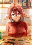  1girl absurdres animal_ears arknights bespectacled booth_seating breasts cnnonnbiri96_(tori) commentary_request fumizuki_(arknights) furry furry_female glasses highres horns indoors large_breasts looking_at_viewer menu multicolored_hair parted_lips pink_fur pink_streaks red_eyes red_hair red_sweater ribbed_sweater short_hair sitting solo streaked_hair sweater two-tone_fur upper_body 