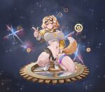  1girl absurdres animal_ears anis_(nikke) anis_(nikke)_(cosplay) badkrol blonde_hair blush bonnie_barkswell breasts cleavage colored_tips commentary cosplay dog_ears dog_girl dog_tail english_commentary gears goggles goggles_on_head green_eyes grin hair_intakes highres indie_virtual_youtuber large_breasts multicolored_hair navel panties shoes shorts smile sparkle squatting tail thigh_strap thighs underwear virtual_youtuber white_hair white_panties white_shoes 