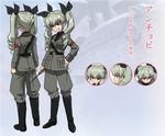  anchovy anzio_military_uniform belt black_footwear black_shirt boots character_sheet concept_art dress_shirt drill_hair expressions girls_und_panzer green_hair grey_jacket grey_pants grin hair_ribbon hand_on_hip jacket knee_boots long_hair long_sleeves military military_uniform multiple_views necktie official_art pants red_eyes ribbon riding_crop shirt shoulder_belt silver_hair smile standing sugimoto_isao translated turnaround twin_drills twintails uniform 
